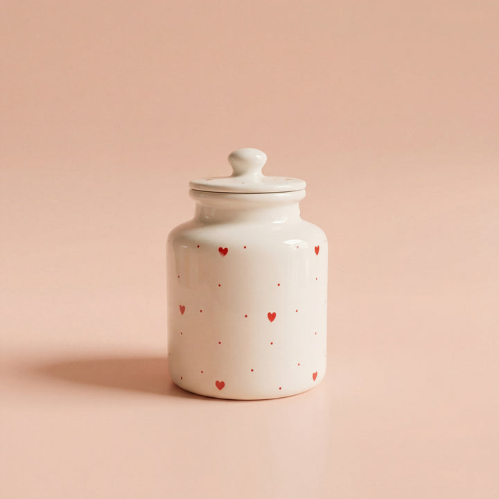 Large Ceramic Candy Jar ( Glossy Off-White with Red Hearts ) ( 1500 ml ) ( NOT Airtight )