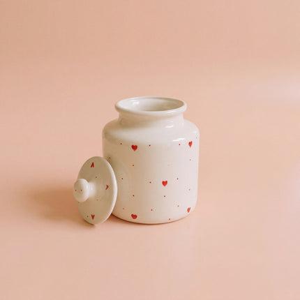 Large Ceramic Candy Jar ( Glossy Off-White with Red Hearts ) ( 1500 ml ) ( NOT Airtight )