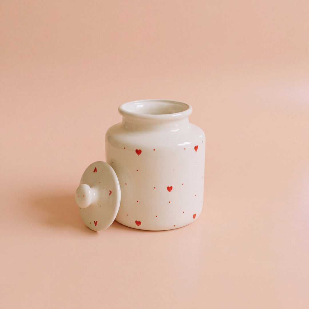 Large Ceramic Candy Jar ( Glossy Off-White with Red Hearts ) ( 1500 ml ) ( NOT Airtight )
