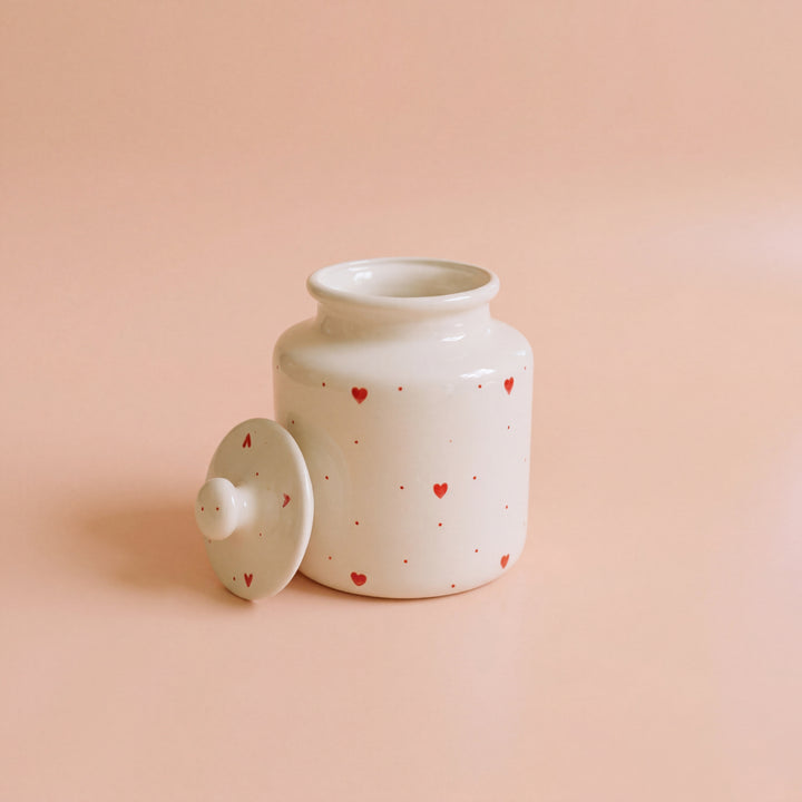 Large Ceramic Candy Jar ( Glossy Off-White with Red Hearts ) ( 1500 ml ) ( NOT Airtight )