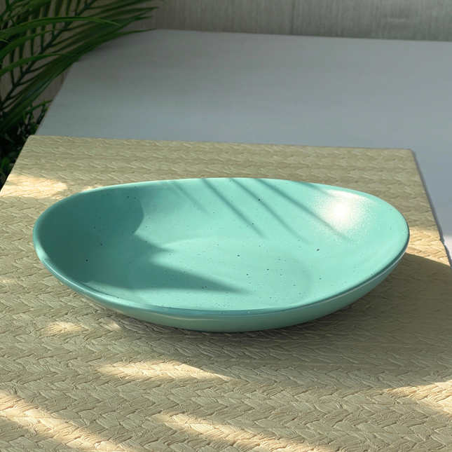 8.5"x7.5" Curved Dessert Bowl ( Firozi Matte with Black Specks )