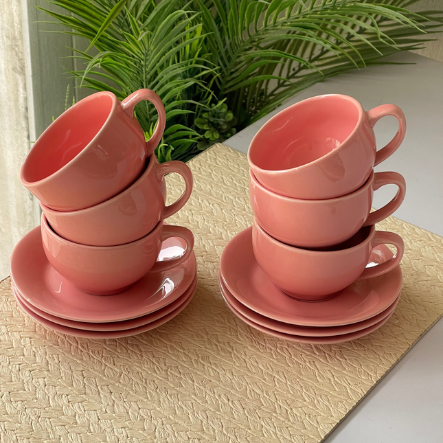 Cup Saucer Set ( SS Glossy Pink ) 6 cups 6 saucers