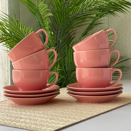 Cup Saucer Set ( SS Glossy Pink ) 6 cups 6 saucers