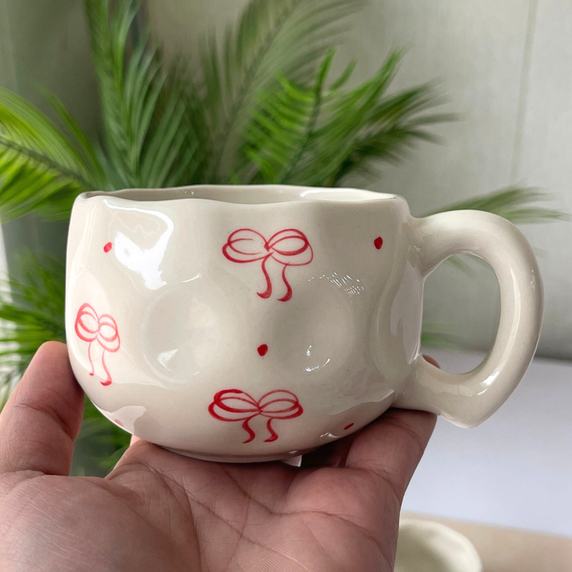 Leftover ( Irregular Shape ) Bubble Cup ( Glossy Off-White with Red Bows ) ( 230 ml ) ( 1 piece )