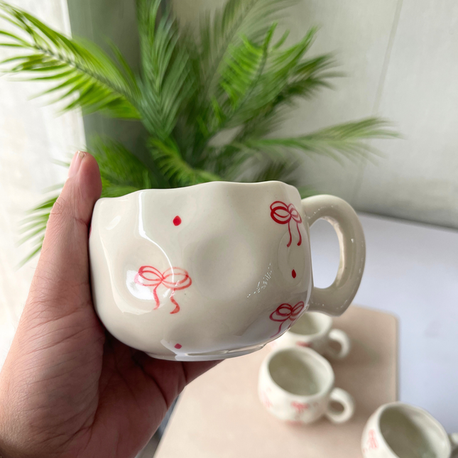 Leftover ( Irregular Shape ) Bubble Cup ( Glossy Off-White with Red Bows ) ( 230 ml ) ( 1 piece )