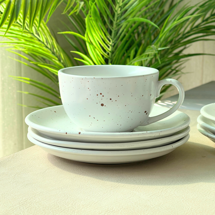 WM Cup Saucer Set ( White Matte with Brown Specks ) 6 cups 6 saucers ( 220ml )