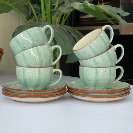 Leftover SS Cup Saucer Set ( Teal Colorline ) 6 cups 6 saucers ( 200ml )