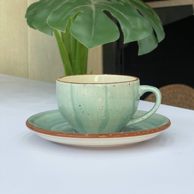 Leftover SS Cup Saucer Set ( Teal Colorline ) 6 cups 6 saucers ( 200ml )