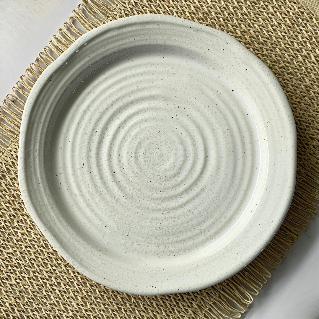10 inch Irregular Spiral Plate ( Glossy White with Grainy Texture and Brown Specks )