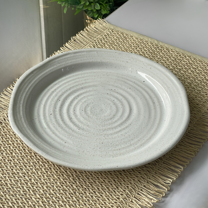 10 inch Irregular Spiral Plate ( Glossy White with Grainy Texture and Brown Specks )