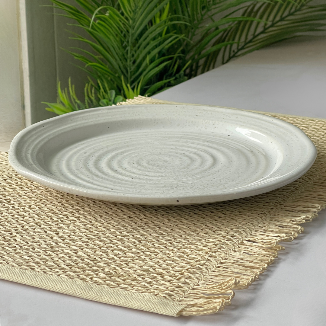 10 inch Irregular Spiral Plate ( Glossy White with Grainy Texture and Brown Specks )