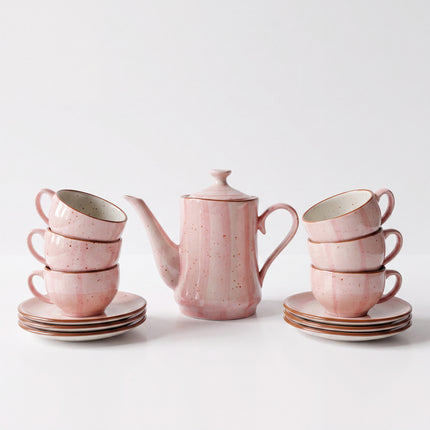 Tea Set - 15 Pieces - ( Pink Colorline ) ( Marshal Tea Pot with SS Cups )