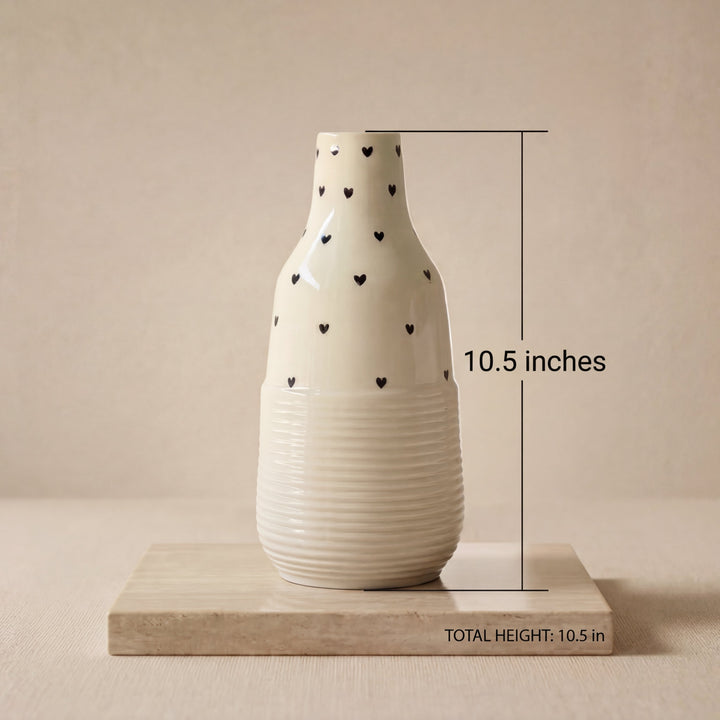 10.5 inch Contour Vase ( Glossy Off-White with Black Hearts )