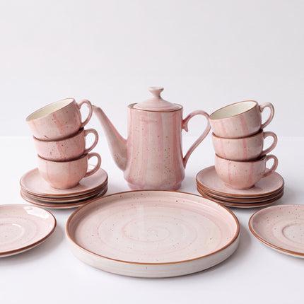 Tea Set - 15 Pieces - ( Pink Colorline ) ( Marshal Tea Pot with SS Cups )
