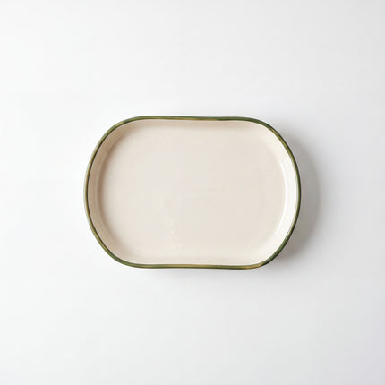 JP Platter Medium 10"x7" ( Glossy Off-White with dark green rim )