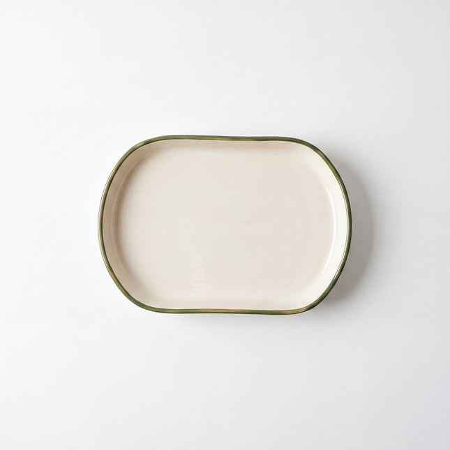 JP Platter Medium 10"x7" ( Glossy Off-White with dark green rim )