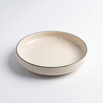 8 inch Deep Classic Plate ( Glossy Off-White with Dark Green Rim and Dark Green Specks )