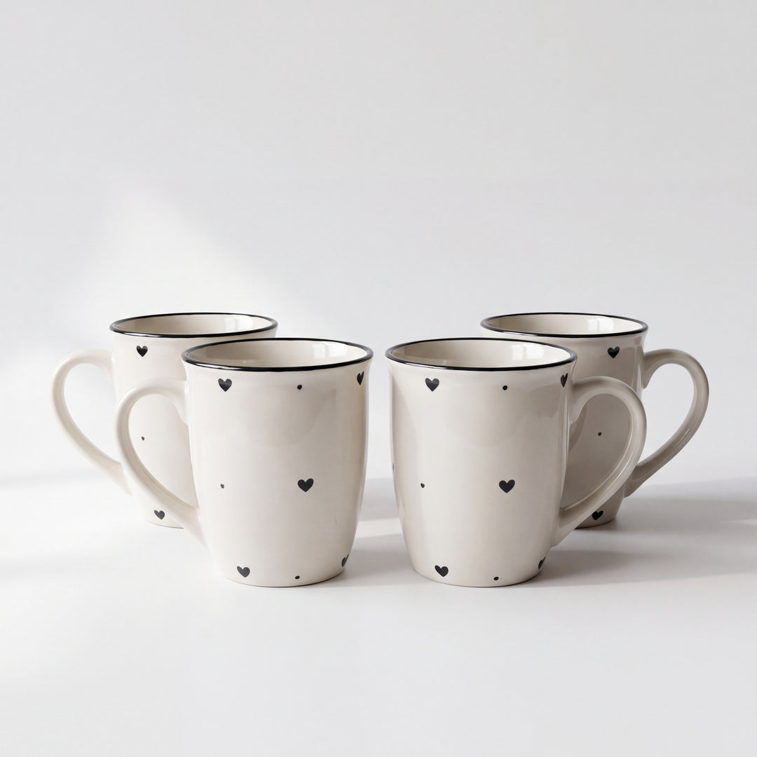 4-Person 16-Piece Breakfast Set ( Glossy Off-White with Black Hearts )