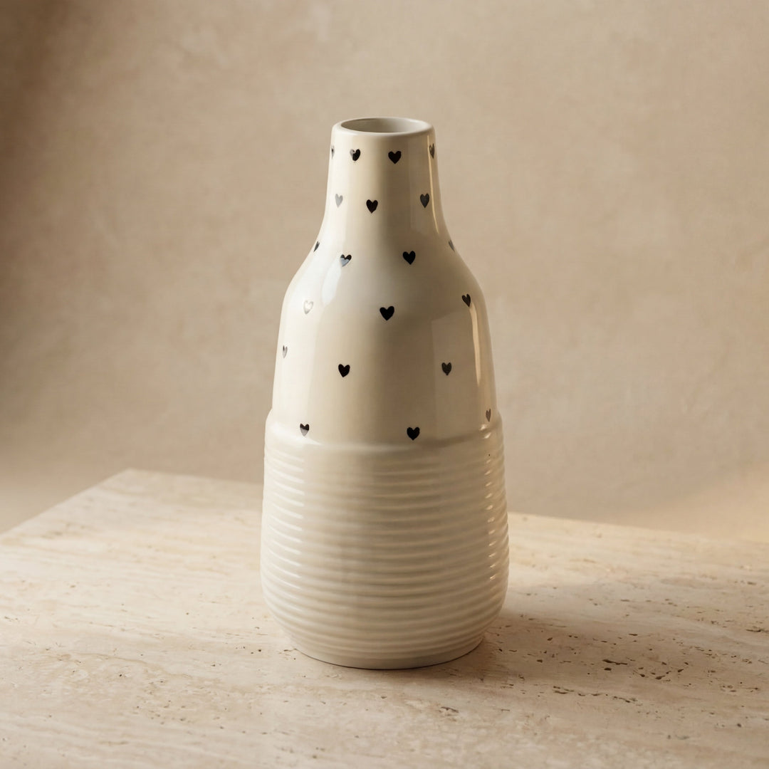 10.5 inch Contour Vase ( Glossy Off-White with Black Hearts )