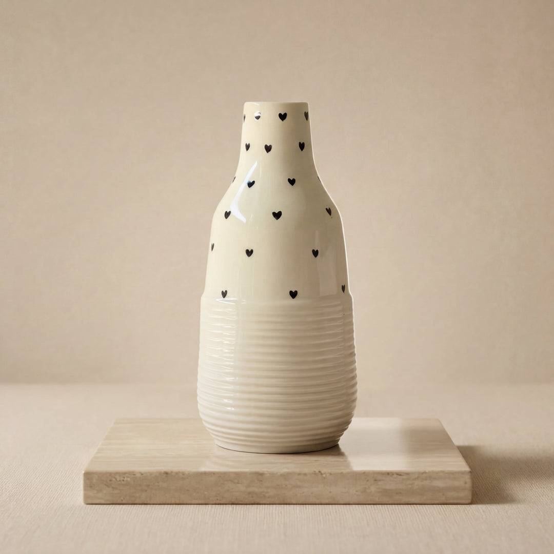 10.5 inch Contour Vase ( Glossy Off-White with Black Hearts )