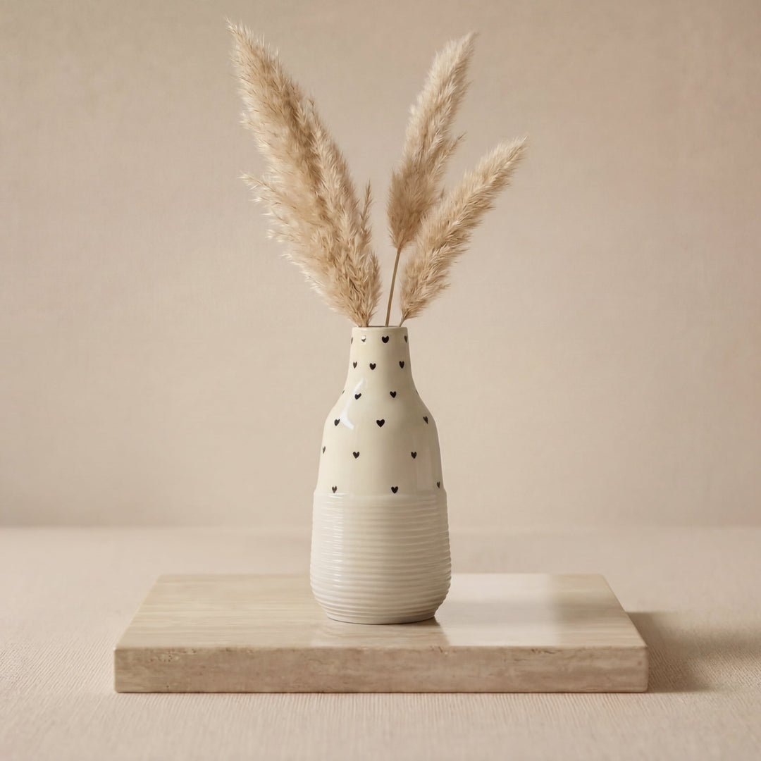 10.5 inch Contour Vase ( Glossy Off-White with Black Hearts )