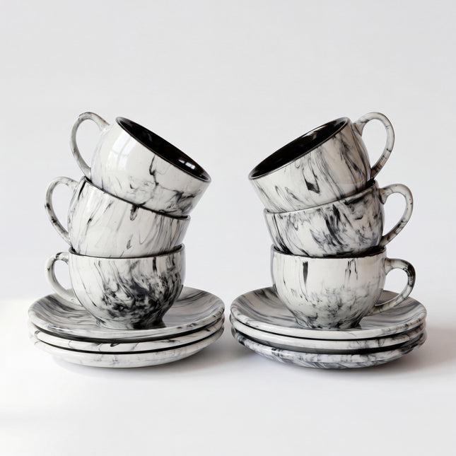 SS Cup Saucer Set ( Black Marble ) 6 cups 6 saucers ( 200ml )