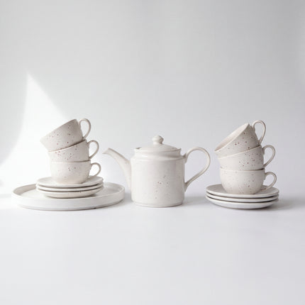 Tea Set - 15 Pieces - ( White Matte with Brown Specks )