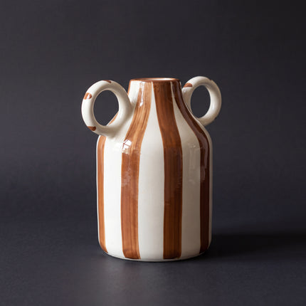 Monochrome Loop Vase 16cm ( Glossy Off-White with Brown Stripes )