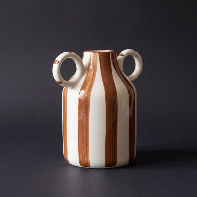 Monochrome Loop Vase 16cm ( Glossy Off-White with Brown Stripes )