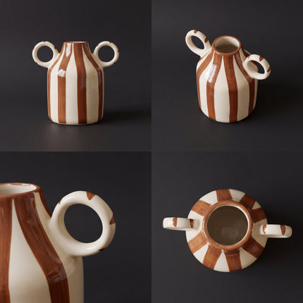 Monochrome Loop Vase 16cm ( Glossy Off-White with Brown Stripes )