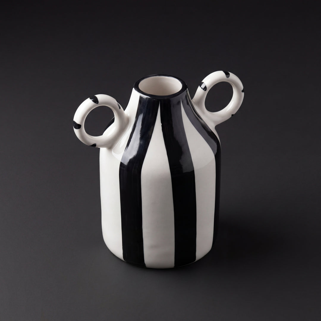 Monochrome Loop Vase 16cm ( Glossy Off-White with Black Stripes )