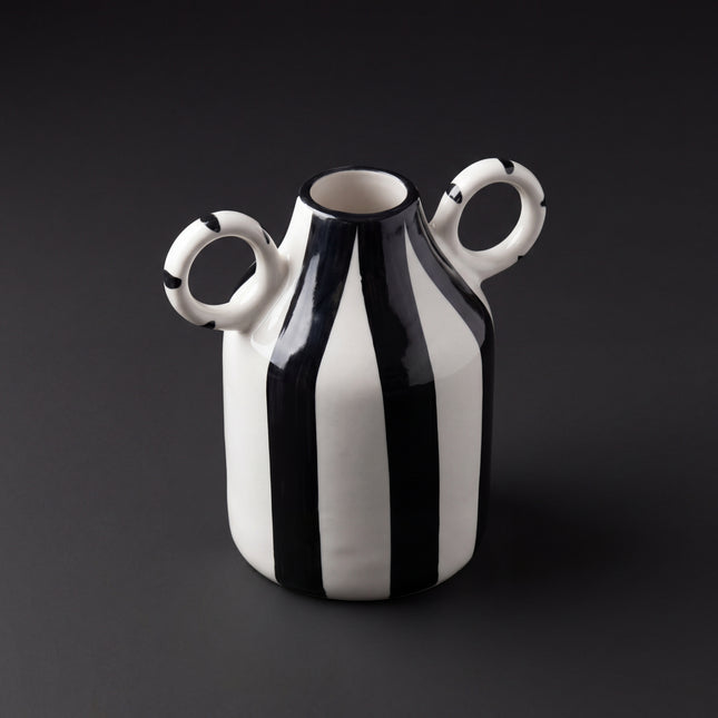 Monochrome Loop Vase 16cm ( Glossy Off-White with Black Stripes )