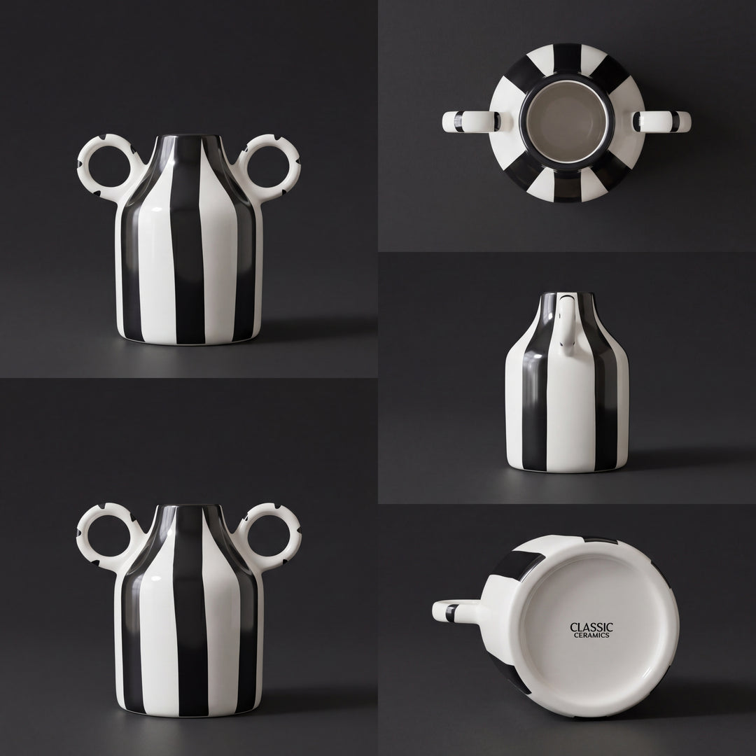 Monochrome Loop Vase 16cm ( Glossy Off-White with Black Stripes )