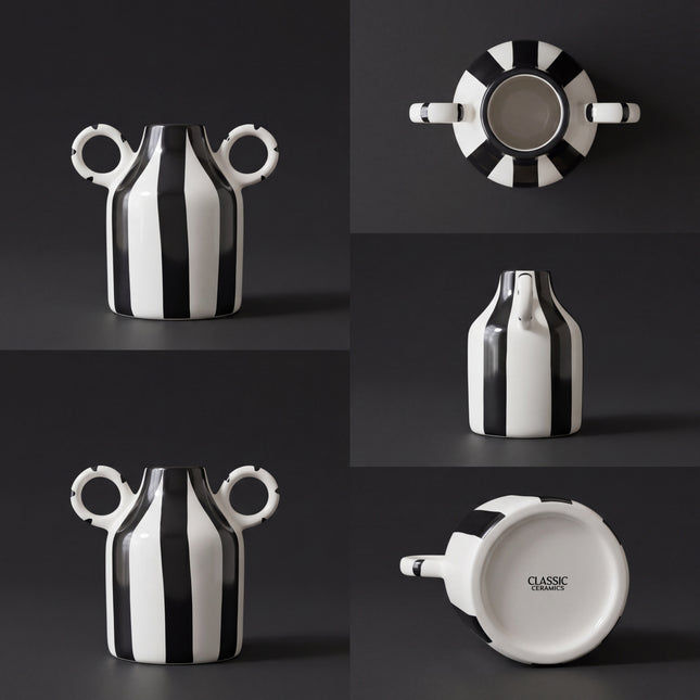 Monochrome Loop Vase 16cm ( Glossy Off-White with Black Stripes )