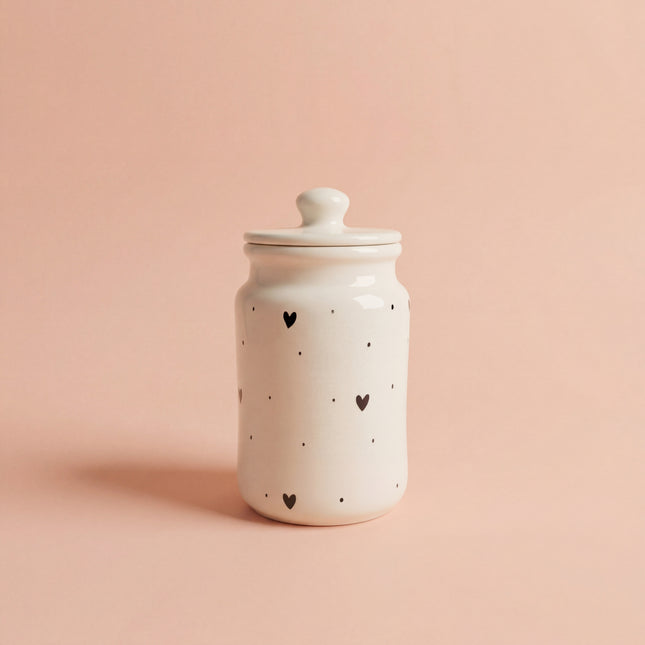 Medium Ceramic Candy Jar ( Glossy Off-White with Black Hearts ) ( 1000 ml ) ( NOT Airtight )