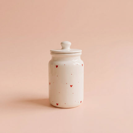 Medium Ceramic Candy Jar ( Glossy Off-White with Red Hearts ) ( 1000 ml ) ( NOT Airtight )