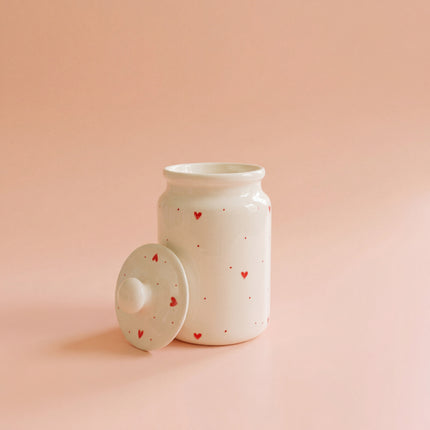 Medium Ceramic Candy Jar ( Glossy Off-White with Red Hearts ) ( 1000 ml ) ( NOT Airtight )