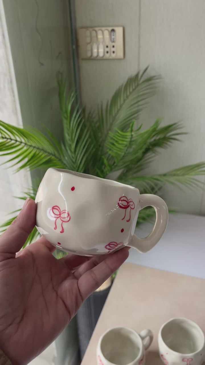 Leftover ( Irregular Shape ) Bubble Cup ( Glossy Off-White with Red Bows ) ( 230 ml ) ( 1 piece )