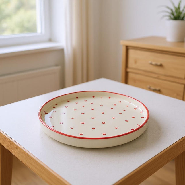 10 inch Classic Plate ( Glossy Off-White with Red Hearts )