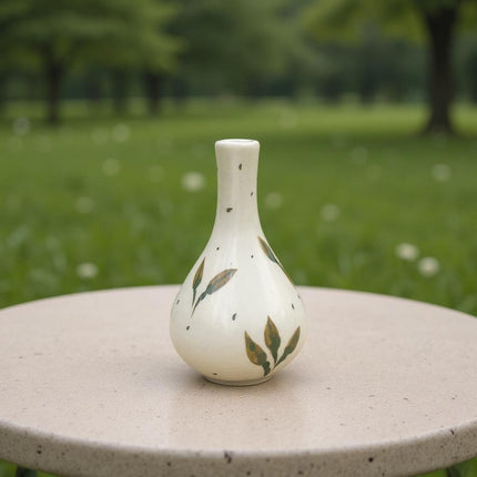 Mini Ceramic 5 inch Vase ( Glossy Off-White with Green Leaves )