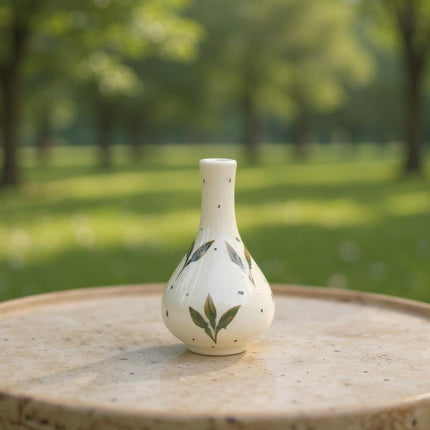 Mini Ceramic 5 inch Vase ( Glossy Off-White with Green Leaves )