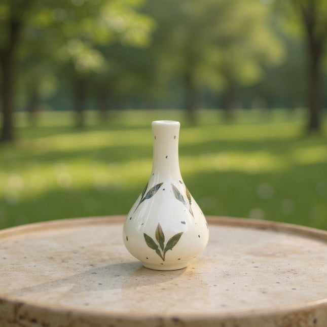 Mini Ceramic 5 inch Vase ( Glossy Off-White with Green Leaves )