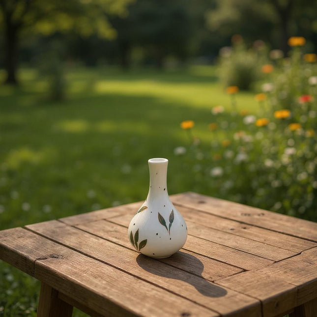 Mini Ceramic 5 inch Vase ( Glossy Off-White with Green Leaves )