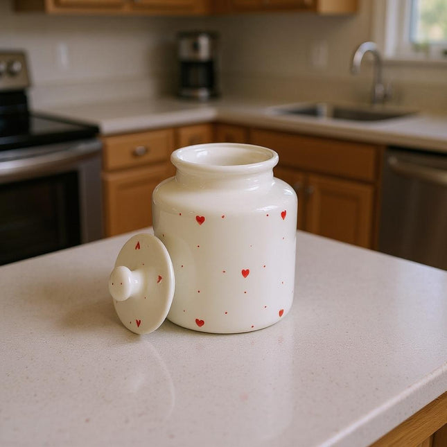 Large Ceramic Candy Jar ( Glossy Off-White with Red Hearts ) ( 1500 ml ) ( NOT Airtight )