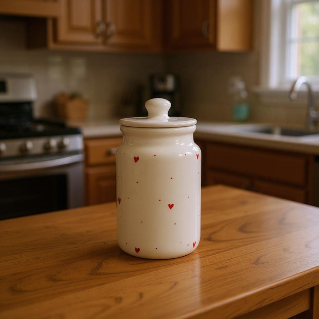 Medium Ceramic Candy Jar ( Glossy Off-White with Red Hearts ) ( 1000 ml ) ( NOT Airtight )