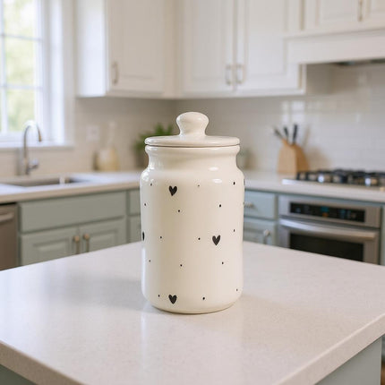 Medium Ceramic Candy Jar ( Glossy Off-White with Black Hearts ) ( 1000 ml ) ( NOT Airtight )