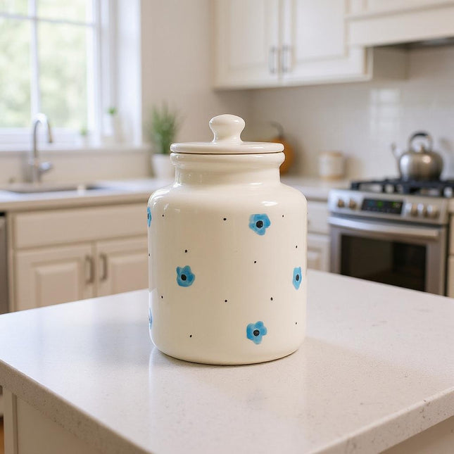 Large Ceramic Candy Jar ( Glossy Off-White with Blue Flowers ) ( 1500 ml ) ( NOT Airtight )